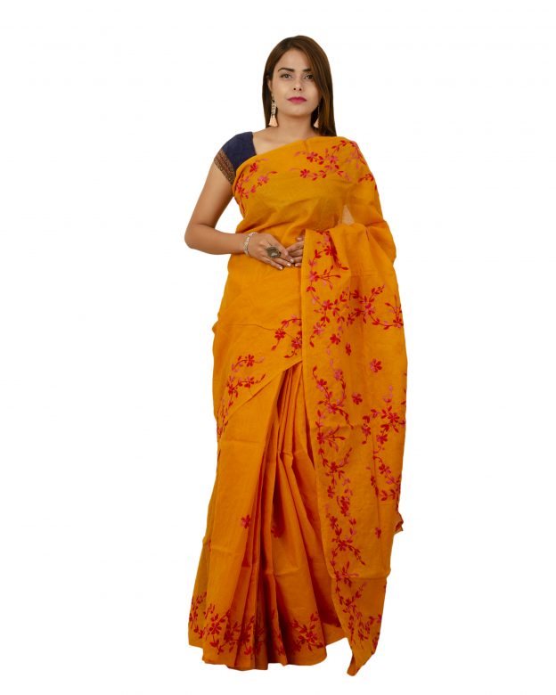 Pure Cotton Plain Yellow Tribal Traditional Party Wear Saree