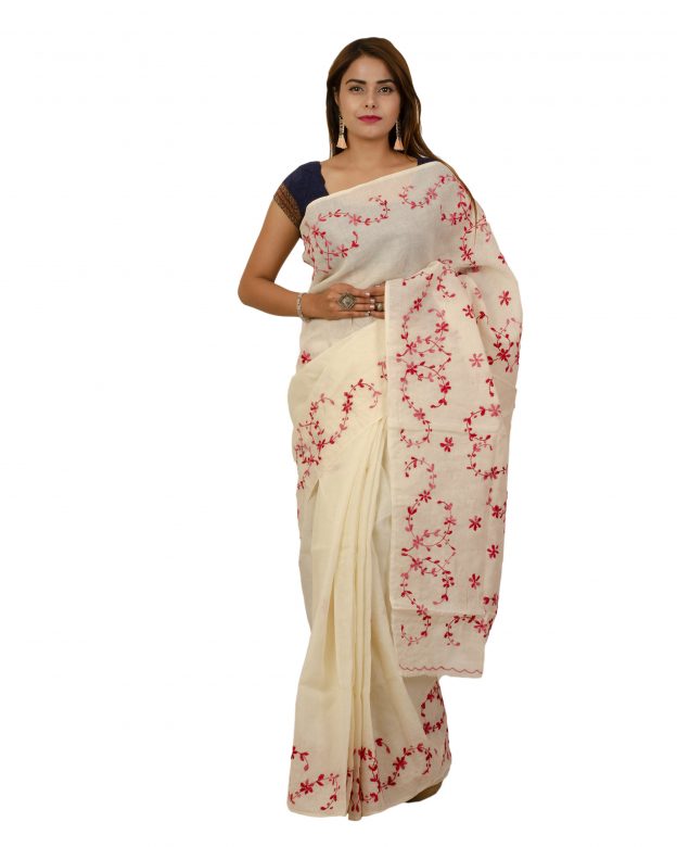 Tribes India Pure Cotton Plain Off White Tribal Traditional Party Wear Saree