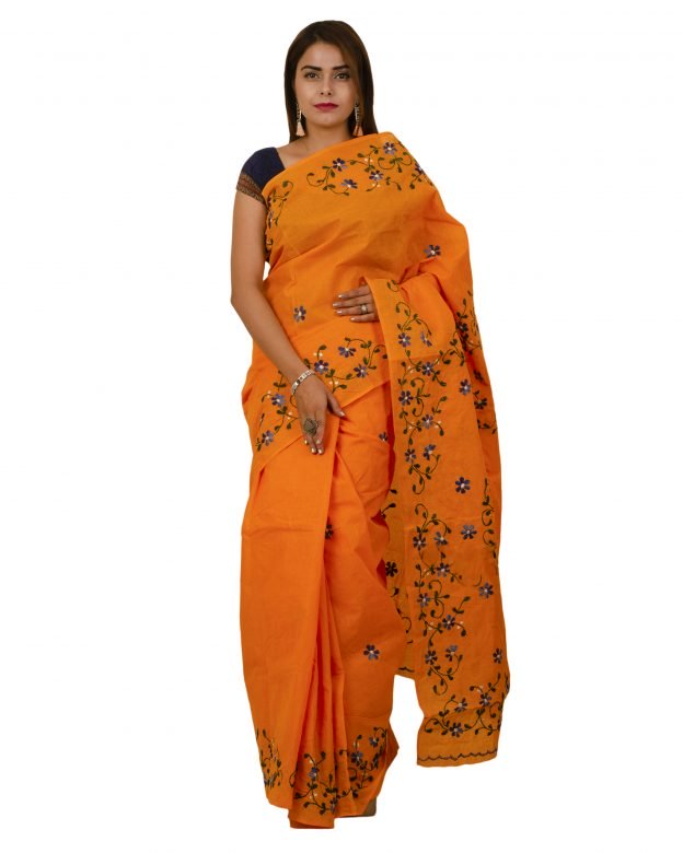 Pure Cotton Plain Orange Tribal Traditional Party Wear Saree