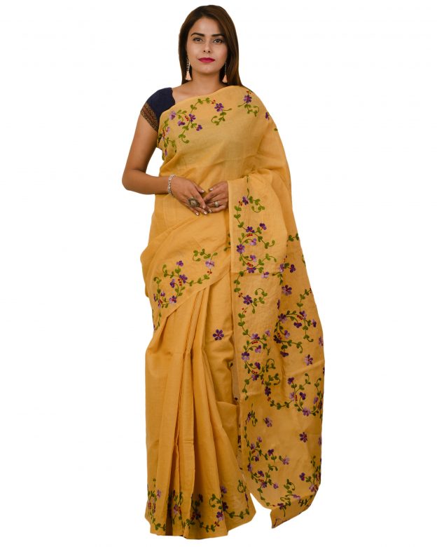 Pure Cotton Plain Light Orange Tribal Traditional Party Wear Saree