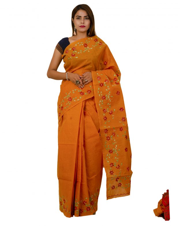 Pure Cotton Plain Orange Tribal Traditional Party Wear Saree