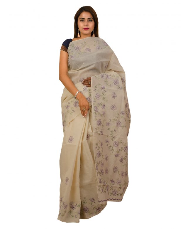 Pure Cotton Plain Cream Tribal Traditional Party Wear Saree