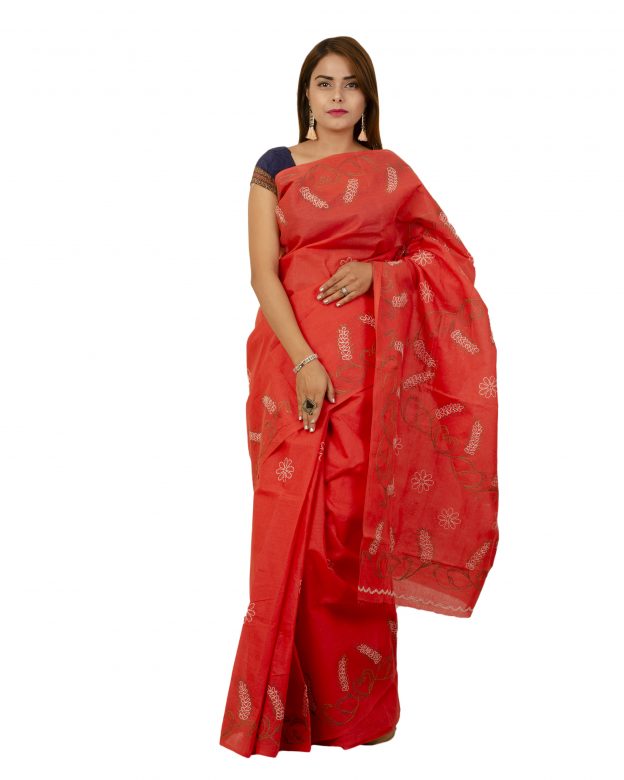 Tribes India Pure Cotton Plain Red Tribal Traditional Party Wear Saree
