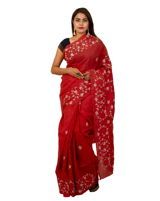 Pure Cotton Plain Red Tribal Traditional Party Wear Saree