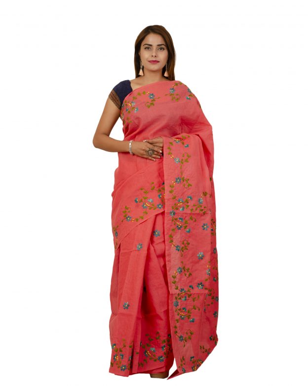 Pure Cotton Plain Pink Tribal Traditional Party Wear Saree