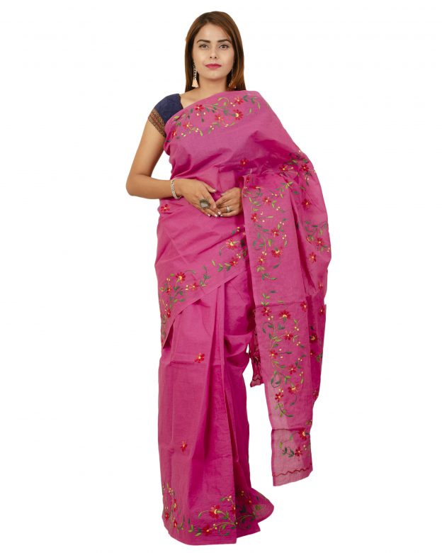 Pure Cotton Plain Pink Tribal Traditional Party Wear Saree