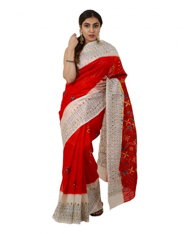 Art Silk Zari Orange Tribal Traditional Party Wear Saree