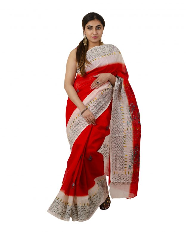 Art Silk Zari Red Tribal Traditional Party Wear Saree