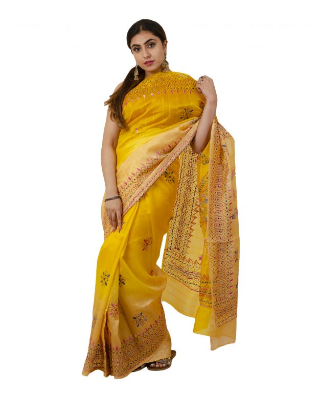 Art Silk Zari Yellow Tribal Traditional Party Wear Saree