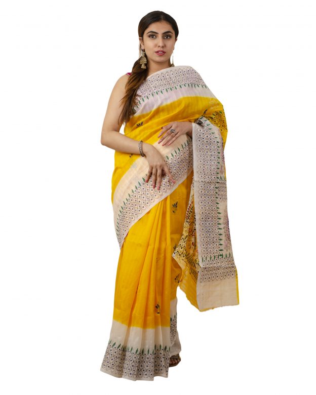 Art Silk Zari Yellow Tribal Traditional Party Wear Saree