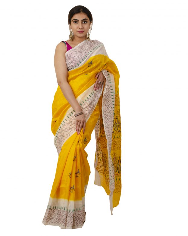Art Silk Zari Yellow Tribal Traditional Party Wear Saree