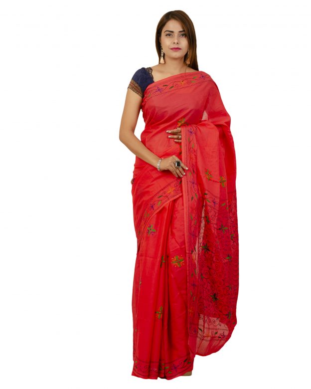 Tribes India Pure Cotton Plain Red Tribal Traditional Party Wear Saree