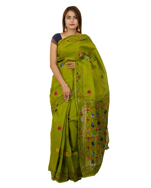 Tribes India Pure Cotton Plain Green Tribal Traditional Party Wear Saree