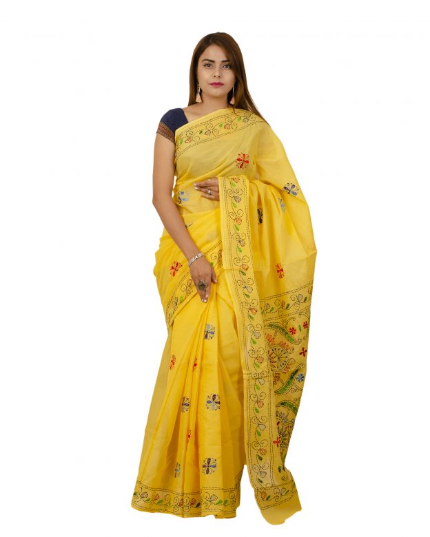 Pure Cotton Plain Yellow Tribal Traditional Party Wear Saree