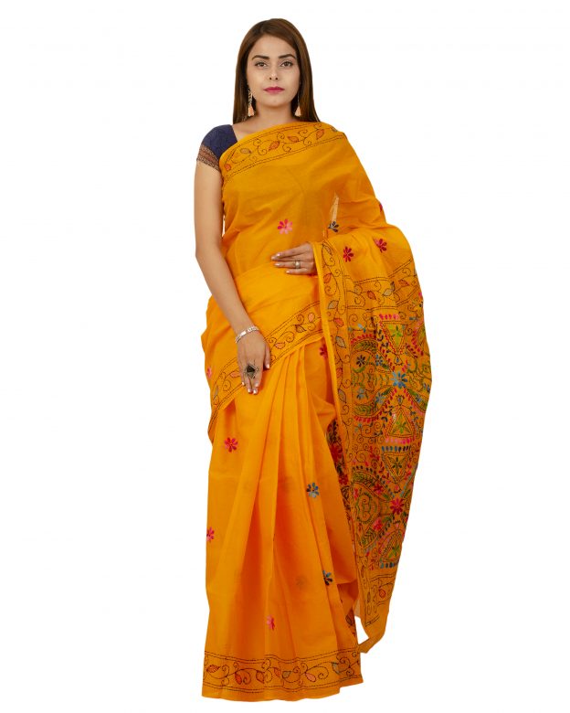 Pure Cotton Plain Yellow Tribal Traditional Party Wear Saree