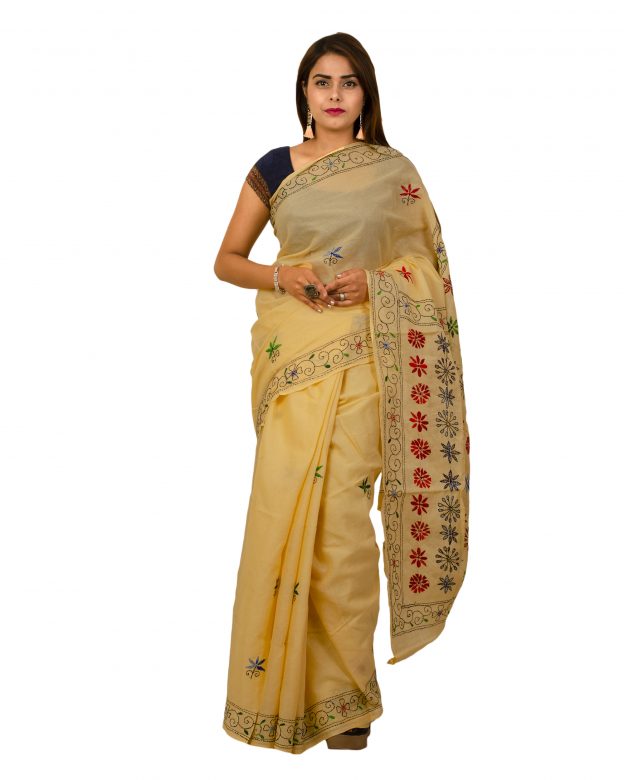 Pure Cotton Plain Lemon Yellow Tribal Traditional Party Wear Saree