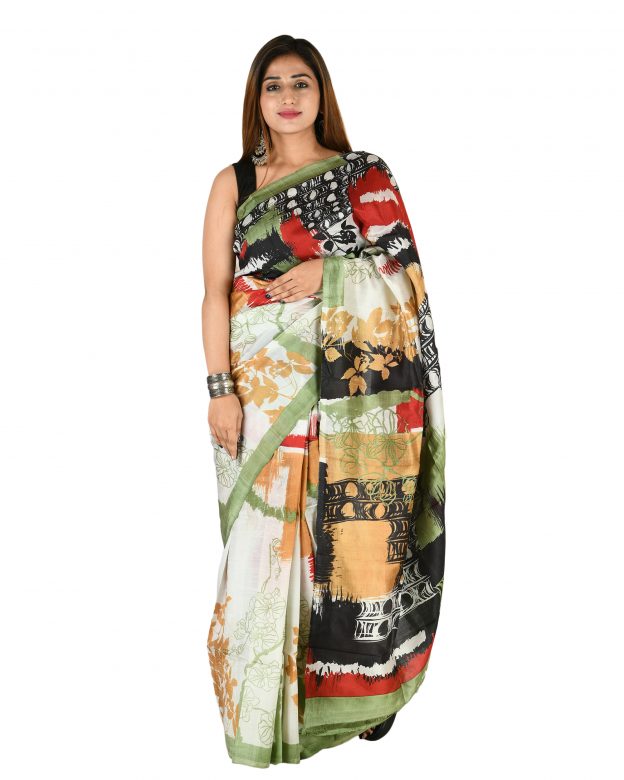 Tussar Silk Zari Multicolor Tribal Traditional Party Wear Saree