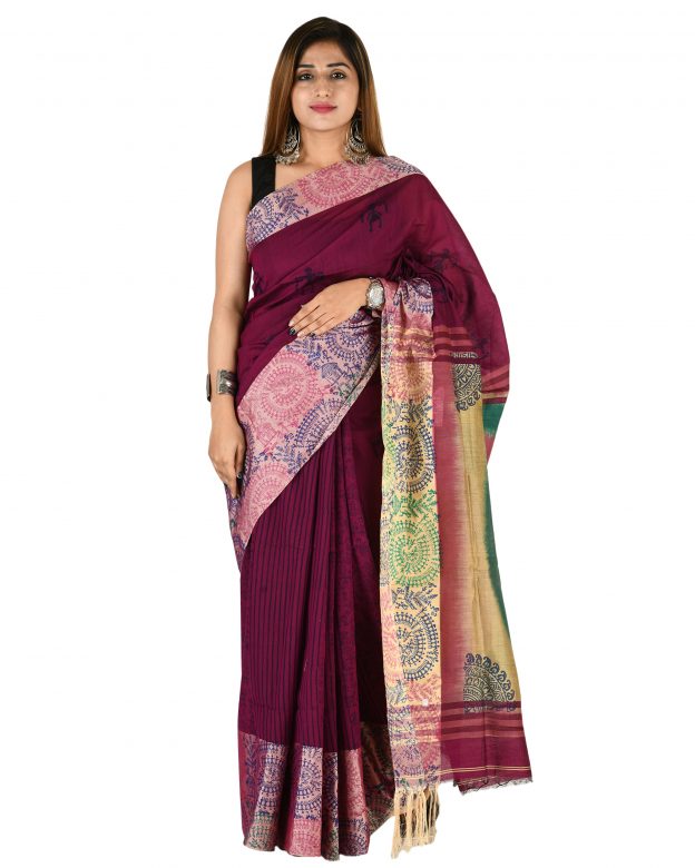 Pure Cotton Zari Multicolor Tribal Traditional Party Wear Saree