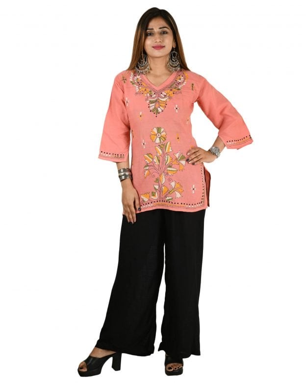 Cotton Embroidered Mid Thigh Regular Fit Casual Short Kurti - XL