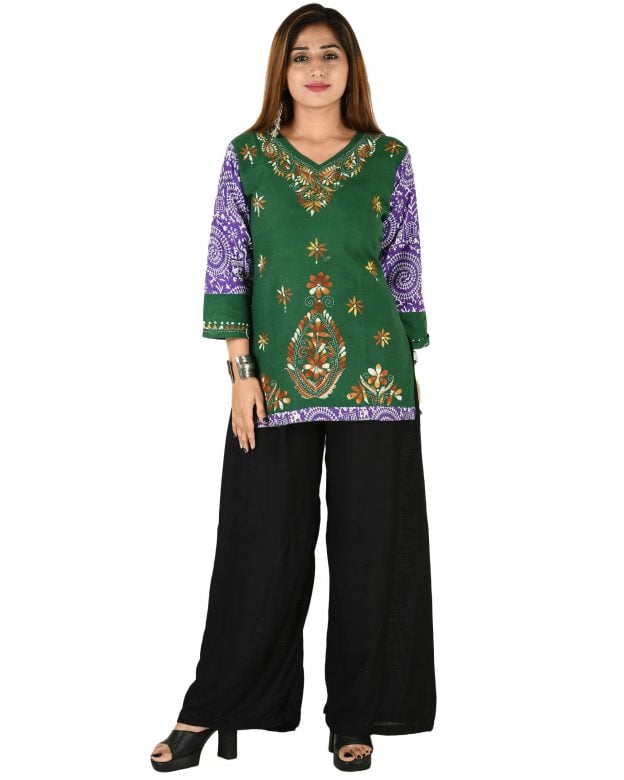 Cotton Embroidered Mid Thigh Regular Fit Casual Short Kurti