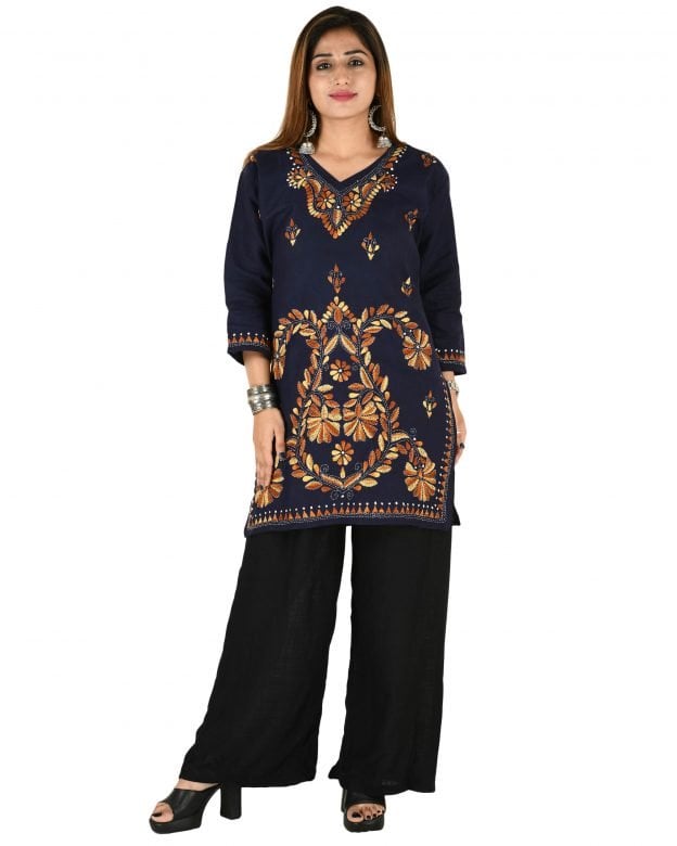 Cotton Embroidered Mid Thigh Regular Fit Casual Short Kurti