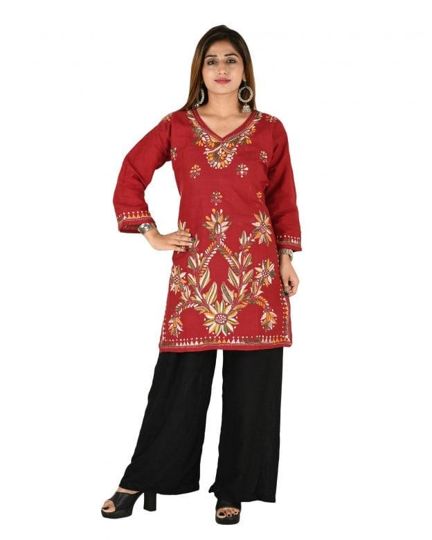 Cotton Embroidered Mid Thigh Regular Fit Casual Short Kurti