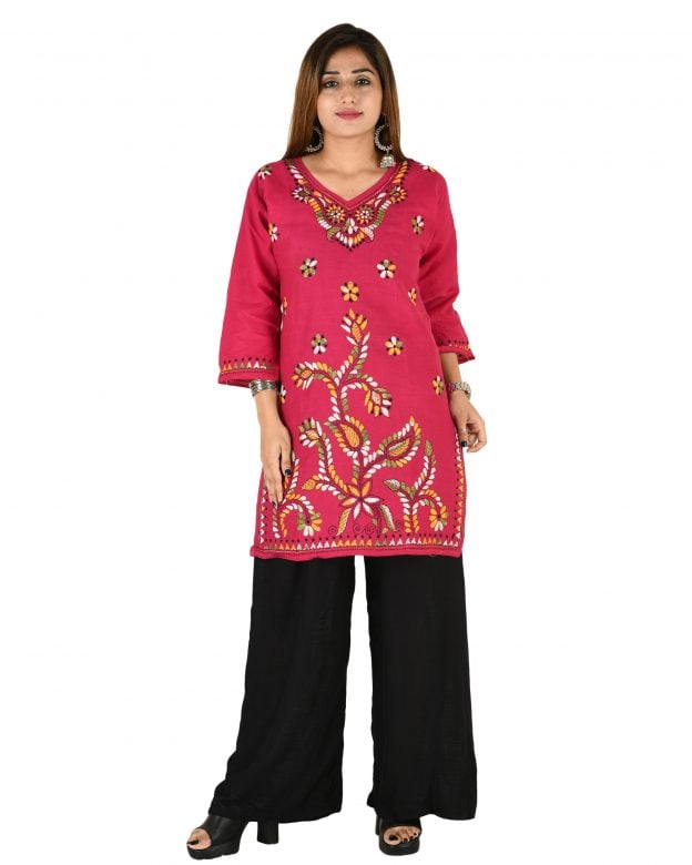 Cotton Embroidered Mid Thigh Regular Fit Casual Short Kurti - XL