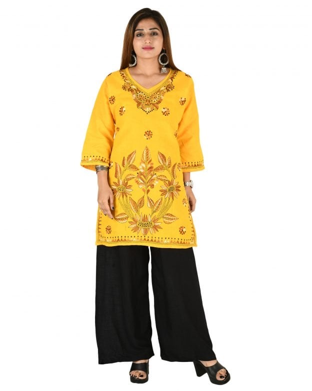 Cotton Embroidered Mid Thigh Regular Fit Casual Short Kurti