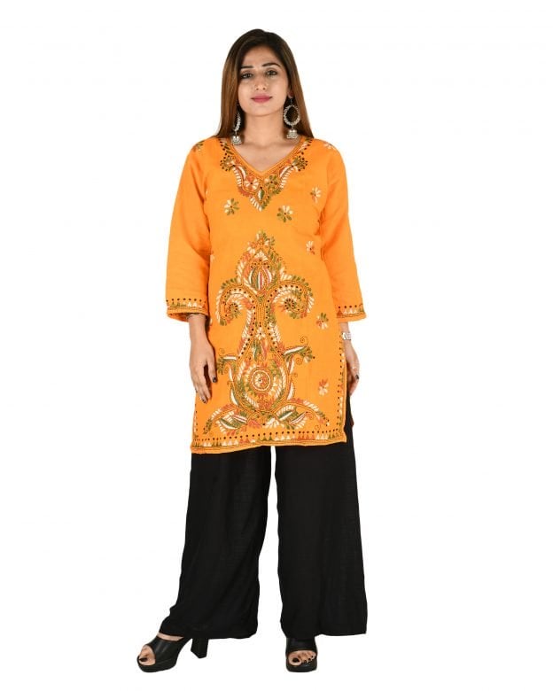 Cotton Embroidered Mid Thigh Regular Fit Casual Short Kurti