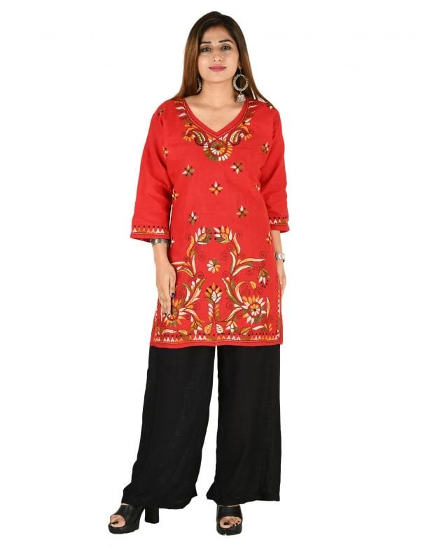 Cotton Embroidered Mid Thigh Regular Fit Casual Short Kurti