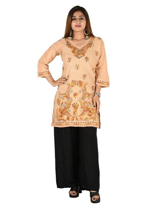 Cotton Embroidered Mid Thigh Regular Fit Casual Short Kurti