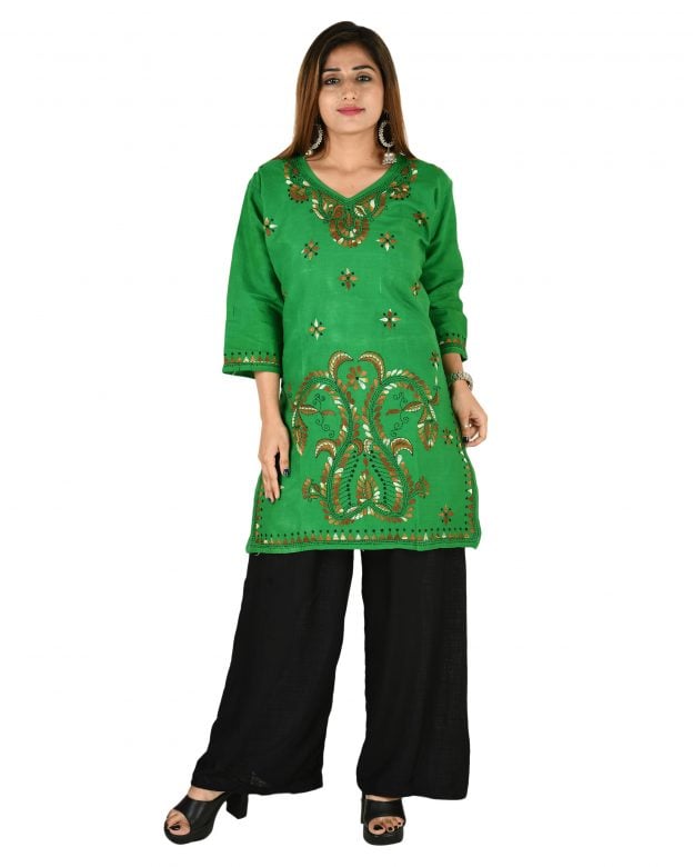 Cotton Embroidered Mid Thigh Regular Fit Casual Short Kurti