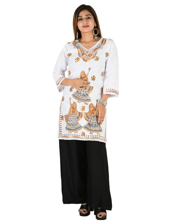 Cotton Embroidered Mid Thigh Regular Fit Casual Short Kurti