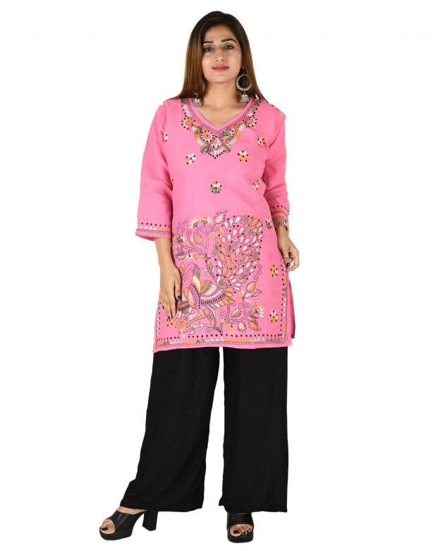 Cotton Embroidered Mid Thigh Regular Fit Casual Short Kurti