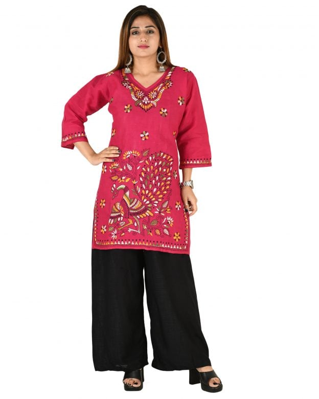 Cotton Embroidered Mid Thigh Regular Fit Casual Short Kurti