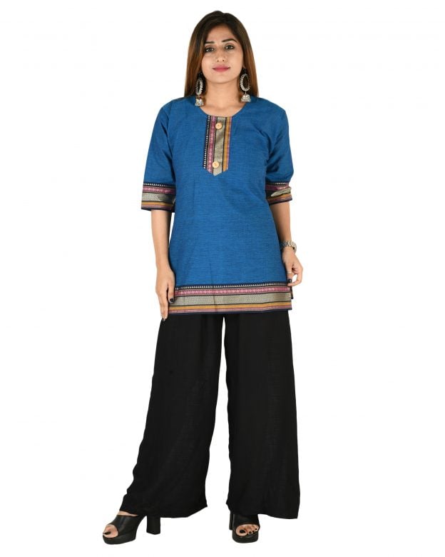 Cotton Embroidered Mid Thigh Regular Fit Casual Short Kurti - M