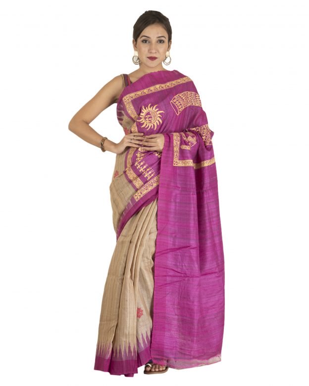 Saura Print Tussar Silk Multicolor Handmade by Tribal Artisan Saree