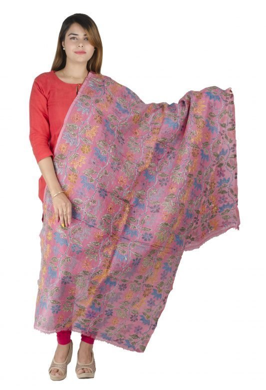 Tassar Silk Hand Painted Dupatta with Kantha Work