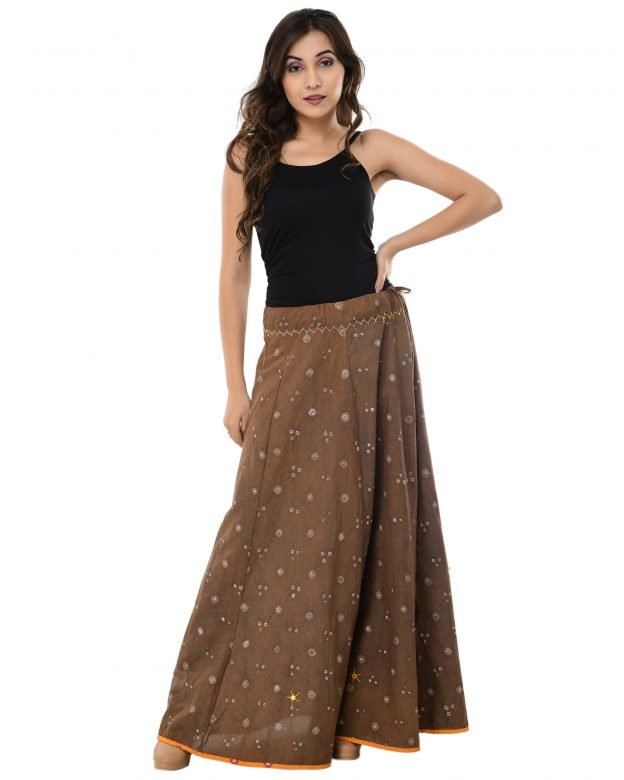 Hand Embroidered Light Brown & White Cotton Skirt