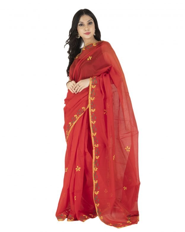 Hand Embroidered Zari Chanderi Maroon & Yellow Cotton Silk Saree