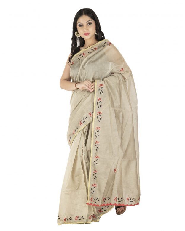 Hand Embroidered Zari Chanderi Grey Cotton Silk Saree