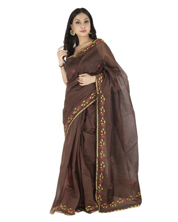 Hand Embroidered Zari Chanderi Chocolate & Yellow Cotton & Silk Saree