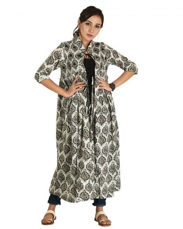Cotton Multicolor 3/4 Sleeve Knee Long Front Open Kurta