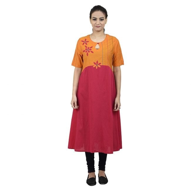 Women's Kurta Boat Neck Floral Applique Cut Work (Pink & Orange)