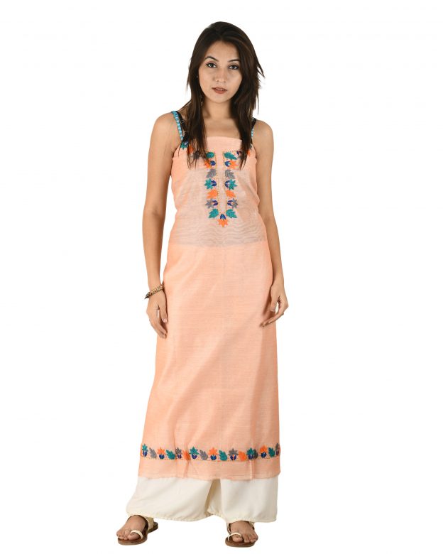 Chanderi Silk Designer Knee Long Peach Free Size Suit Piece