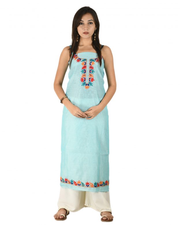 Chanderi Silk Designer Knee Long Sky Blue Free Size Suit Piece