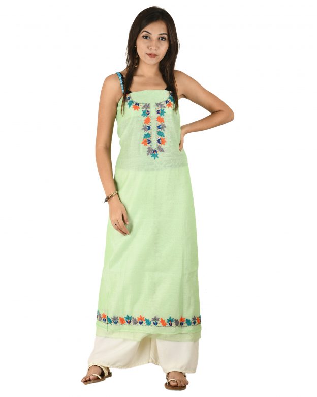 Chanderi Silk Designer Knee Long Green Free Size Suit Piece