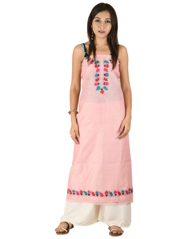 Chanderi Silk Designer Knee Long Pink Free Size Suit Piece