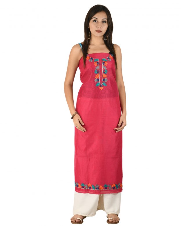 Chanderi Silk Designer Knee Long Red Free Size Suit Piece