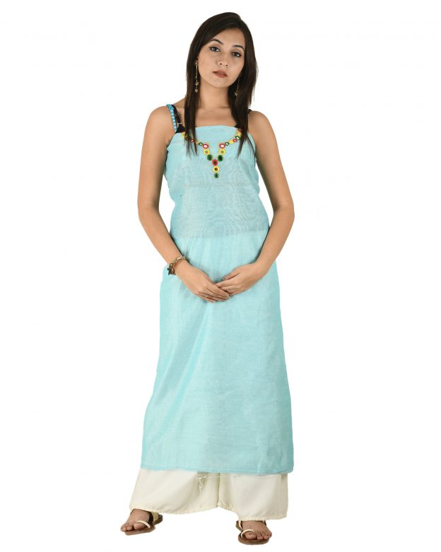 Chanderi Silk Designer Knee Long Sky Blue Free Size Suit Piece